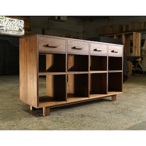 4 Drawer Storage Console, Solid Hardwood Bookshelf, Modern Bookcase (Shown in Walnut)