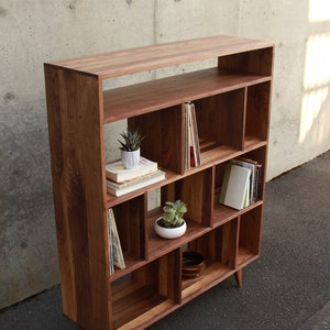 Lopez Vinyl Console, Mid Century Record Storage, Customizable Vinyl Storage, Solid Wood LP Shelf Shown in Walnut image 2