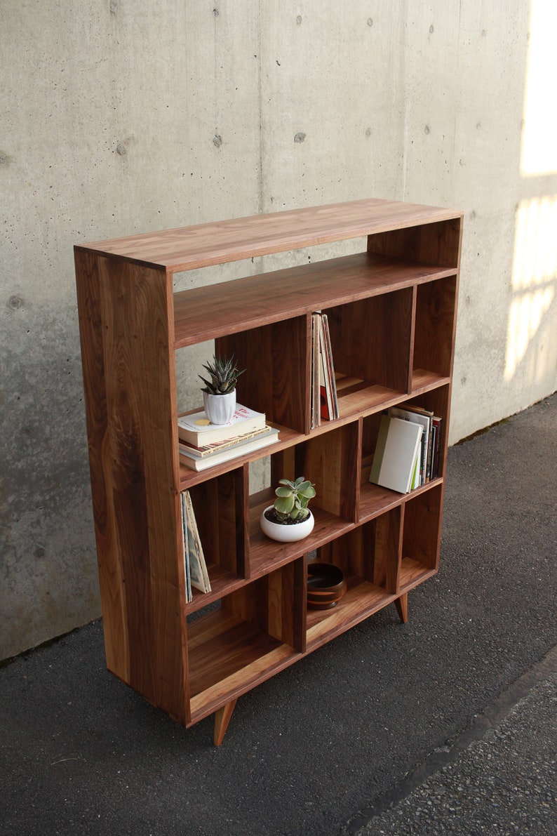 Lopez Vinyl Console, Mid Century Record Storage, Customizable Vinyl Storage, Solid Wood LP Shelf Shown in Walnut image 2