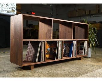 Sesto Vinyl Console, 65"W, Vinyl Storage Bookcase, Mid-Century Modern Bookshelf, Modern Record Storage (Shown in Walnut)