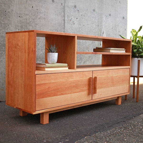 Console multimédia Morassi, rangement multimédia moderne, armoire multimédia moderne en bois, armoire en bois massif (illustré en cerisier)