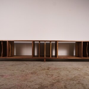 Solid walnut vinyl LP storage bench. Waters Bench. Tomfoolery Wood Co.