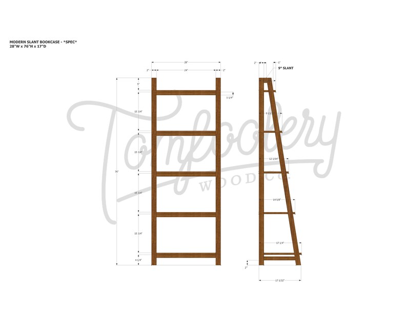 Op de afbeelding: Lijntekening van een moderne schuine boekenkast met vijf planken. De boekenkast is 71 cm breed, 193 cm hoog en 43 cm diep. De tekening toont de voor- en zijkant van de boekenkast.