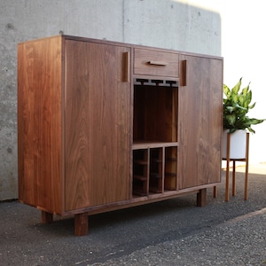 Mini Deller Wine Bar, Solid Hardwood Wine Bar, Modern Wood Liquor Cabinet, Wine Storage Sideboard (Shown in Walnut)