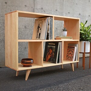 Couzens Vinyl LP Console, 45&quot;W, Bookcase, LP Console, Modern Vinyl Storage, Vinyl Record Storage (Shown in Maple)