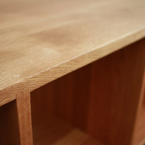 Solid white oak vinyl LP storage bench. Warner Bench.  Handcrafted furniture by Tomfoolery Wood Co.