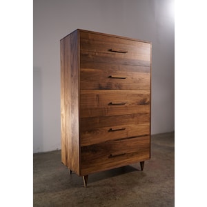 Highboy Dresser, Mid-Century Dresser, Modern Highboy, 5 Drawer Highboy, Solid Hardwood Dresser Shown in Walnut image 1