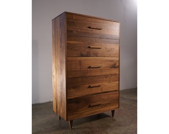 Highboy Dresser, Mid-Century Dresser, Modern Highboy, 5 Drawer Highboy, Solid Hardwood Dresser (Shown in Walnut)