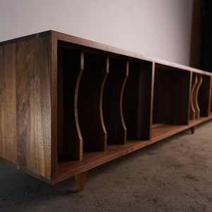 Solid walnut vinyl LP storage bench. Waters Bench. Tomfoolery Wood Co.