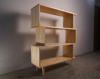 4-Tier OFFSTACK Bookcase, 49"H, Mid Century Record Shelf, Geometric Bookshelf, Modern Offset Shelf (Shown in Maple)