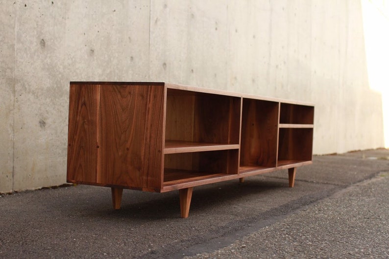 Braca Media Console, Mid-Century Credenza, Modern Sideboard, Solid Hardwood Media Console Shown in Walnut image 1