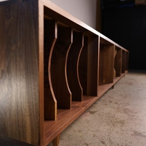 Solid walnut vinyl LP storage bench. Waters Bench. Tomfoolery Wood Co.