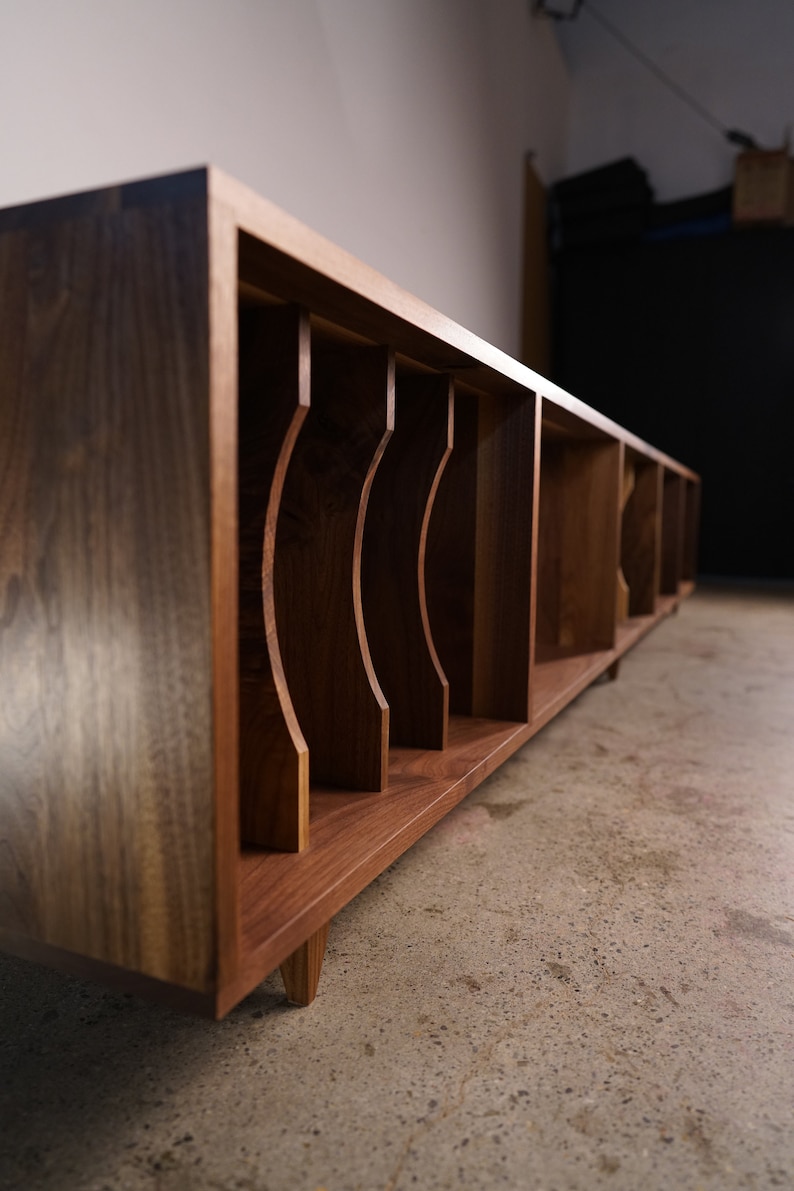 Solid walnut vinyl LP storage bench. Waters Bench. Tomfoolery Wood Co.