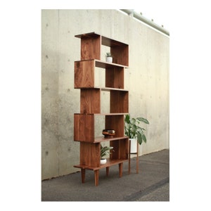 OFFSTACK Bookcase, 6-Tier, Offset Bookcase, Solid Hardwood Staggering Shelf, Geometric Bookshelf Shown in Walnut image 1
