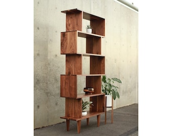 OFFSTACK Bookcase, 6-Tier, Offset Bookcase, Solid Hardwood Staggering Shelf, Geometric Bookshelf (Shown in Walnut)