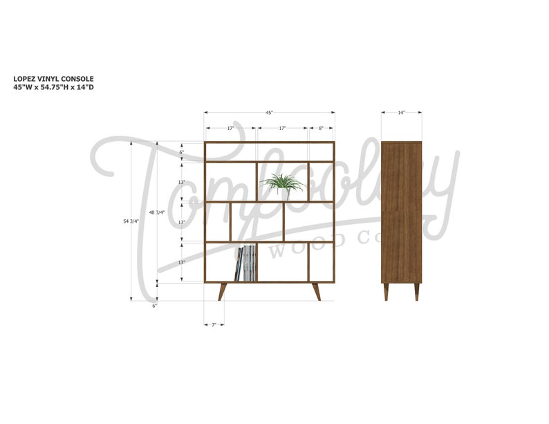 Lopez Vinyl Console, Mid Century Record Storage, Customizable Vinyl Storage, Solid Wood LP Shelf Shown in Walnut image 9