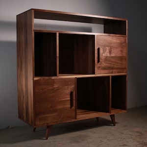 Lopez Vinyl Console, Mid Century Record Storage, Customizable Vinyl Storage, Solid Wood LP Shelf (Shown in Walnut)