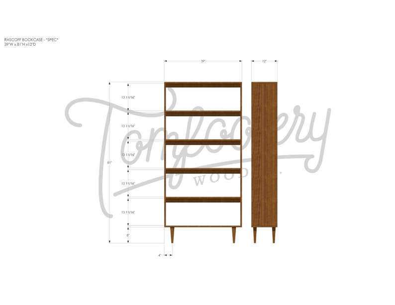 Rascoff Bookcase, Mid-Century Bookshelf, Hardwood Modern Bookcase, Mid Century Bookcase Wall Unit Shown in Walnut image 9