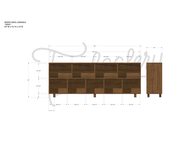 Sesto Vinyl Console, 82W, Modern Record Credenza, Brede Handgemaakte LP Console, Hardhouten LP Console weergegeven in walnoot afbeelding 9