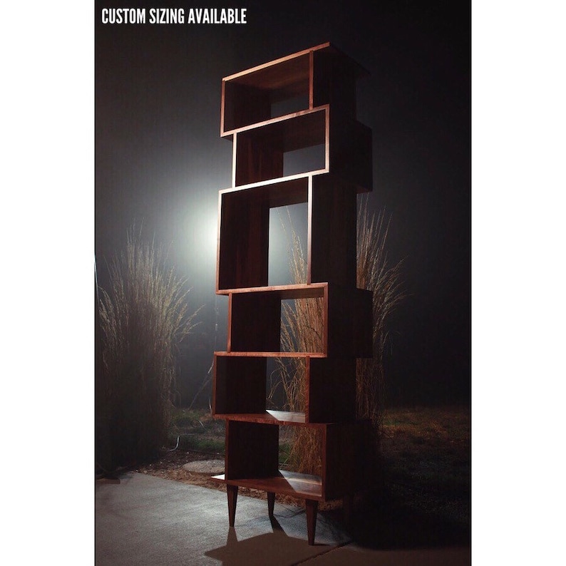 OFFSTACK Bookcase, 6-Tier, Offset Bookcase, Solid Hardwood Staggering Shelf, Geometric Bookshelf Shown in Walnut image 6