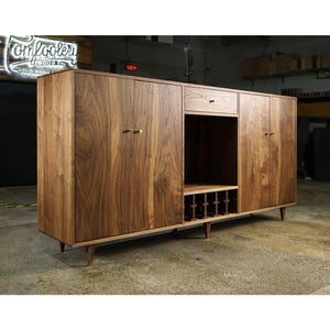 Puccerella Wine Buffet, Modern Wine Cabinet, Wine Bottle Sideboard with Drawers, Wood Wine Bar (Shown in Walnut)