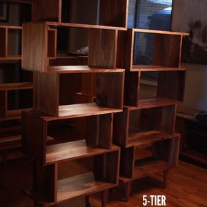OFFSTACK Bookcase, 6-Tier, Offset Bookcase, Solid Hardwood Staggering Shelf, Geometric Bookshelf Shown in Walnut image 7