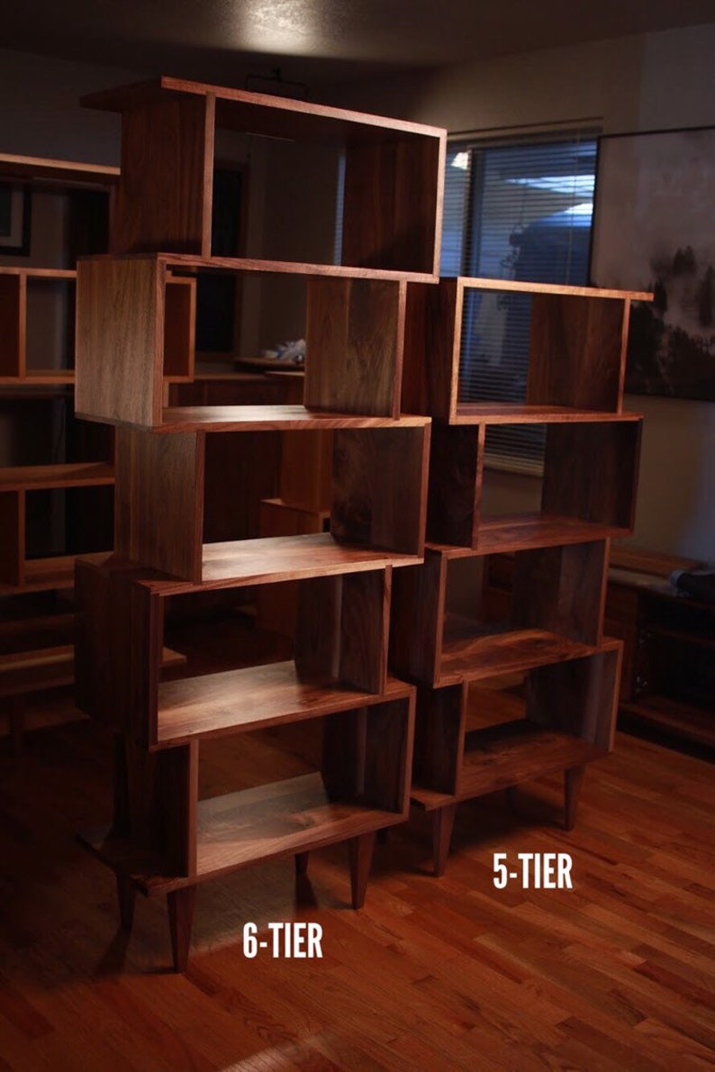 OFFSTACK Bookcase, 6-Tier, Offset Bookcase, Solid Hardwood Staggering Shelf, Geometric Bookshelf Shown in Walnut image 7