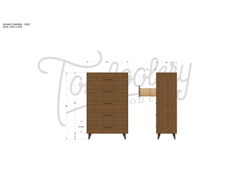 Highboy Dresser, Mid-Century Dresser, Modern Highboy, 5 Drawer Highboy, Solid Hardwood Dresser Shown in Walnut image 8