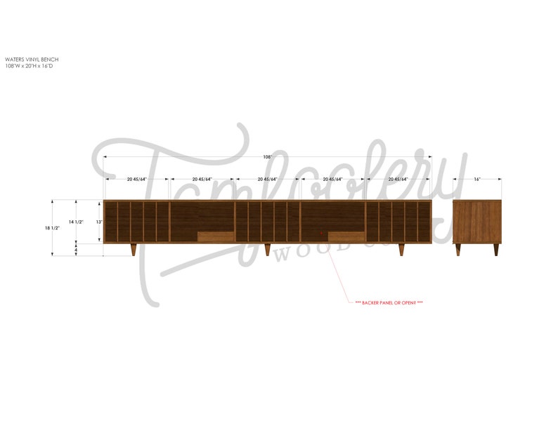 CAD design specifications for Waters Vinyl LP Bench.  Tomfoolery Wood Co.