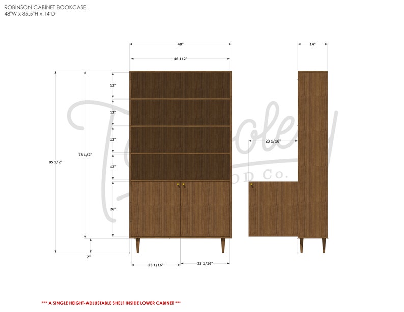 Robinson Cabinet Bookcase, Modern Bookcase, Solid wood Bookcase, Bookshelf with door cabinet shown in walnut image 8