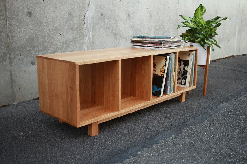 Solid white oak vinyl LP storage bench. Warner Bench.  Handcrafted furniture by Tomfoolery Wood Co.