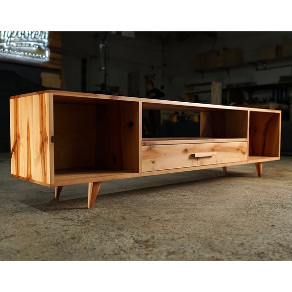 Bakewell Vinyl Console, Mid Century Credenza, Modern Vinyl Storage, Solid Wood Media Storage (Shown in Madrone)