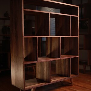 Lopez Vinyl Console, Mid Century Record Storage, Customizable Vinyl Storage, Solid Wood LP Shelf Shown in Walnut image 6