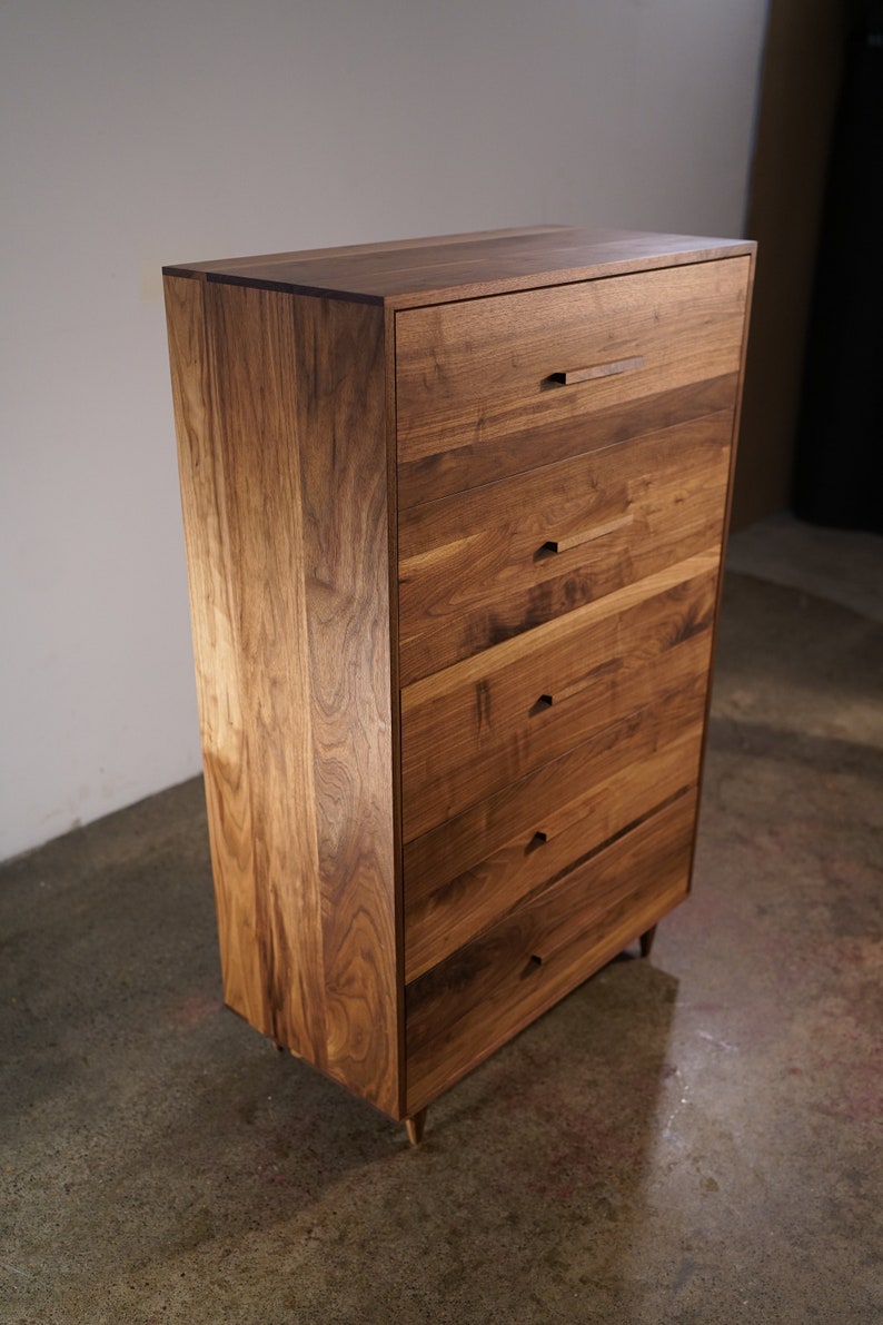 Highboy Dresser, Mid-Century Dresser, Modern Highboy, 5 Drawer Highboy, Solid Hardwood Dresser Shown in Walnut image 2