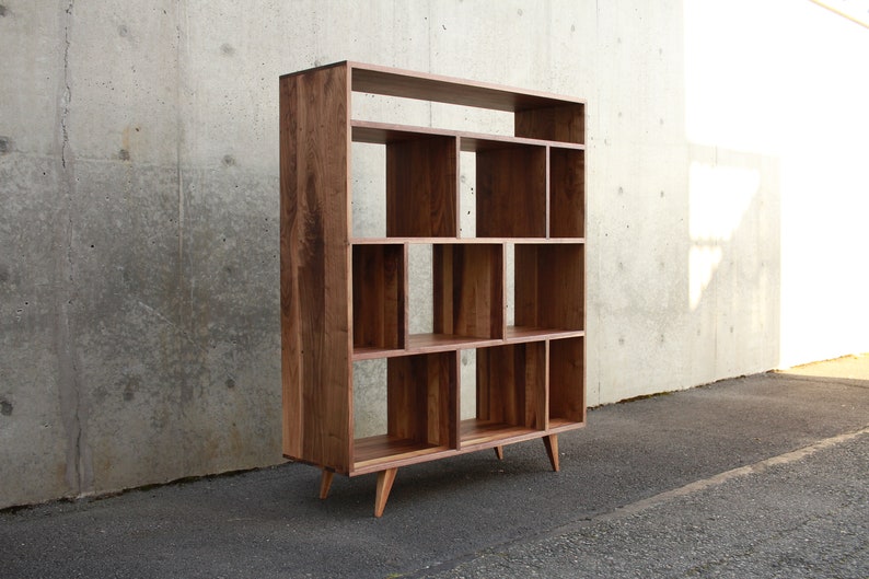 Lopez Vinyl Console, Mid Century Record Storage, Customizable Vinyl Storage, Solid Wood LP Shelf Shown in Walnut image 4