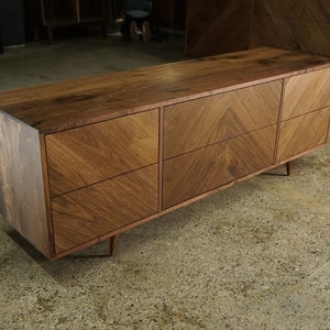 Brooklyn Console, 6 Drawer, 84W, Chevron Pattern, Mid Century TV Stand, Mid-Century TV Credenza, Media Credenza Shown in Walnut image 2