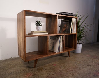 Couzens Vinyl LP Console, 45"W, Bookcase, Vinyl Storage, Mid-Century Modern, Record Player Console (Shown in Walnut)