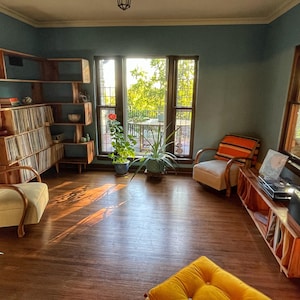 Corner Omni OFFSTACK Bookcase, Mid-Century Vinyl LP Shelf, Modern Record Storage, Geometric Shelf Shown in Madrone image 5