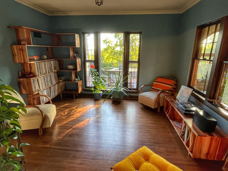 Corner Omni OFFSTACK Bookcase, Mid-Century Vinyl LP Shelf, Modern Record Storage, Geometric Shelf Shown in Madrone image 5