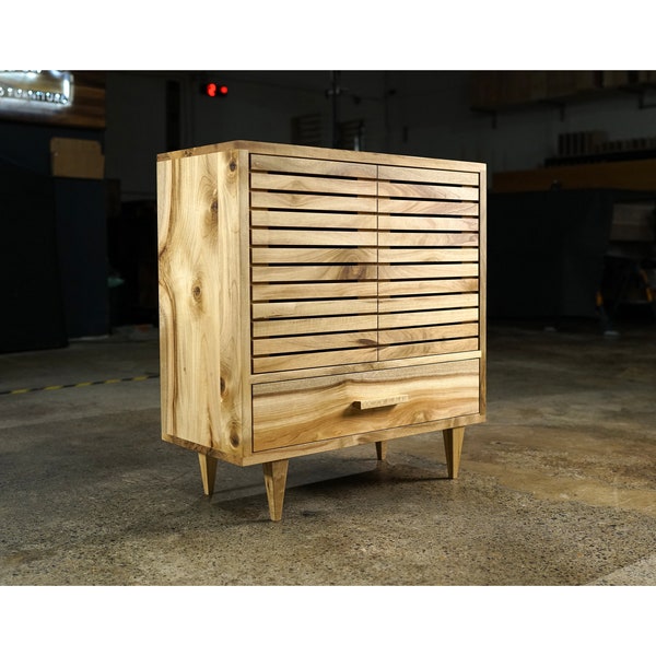 Willis Cabinet, Modern Wood Cabinet, Tall Cabinet with Slat Doors, Solid wood cabinet (Shown in Myrtle)