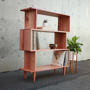 4-Tier OFFSTACK Bookcase, 49"H, Mid Century Record Shelf, Geometric Bookshelf, Modern Offset Shelf (Shown in Madrone)