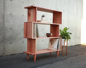 4-Tier OFFSTACK Bookcase, 49"H, Mid Century Record Shelf, Geometric Bookshelf, Modern Offset Shelf (Shown in Madrone)