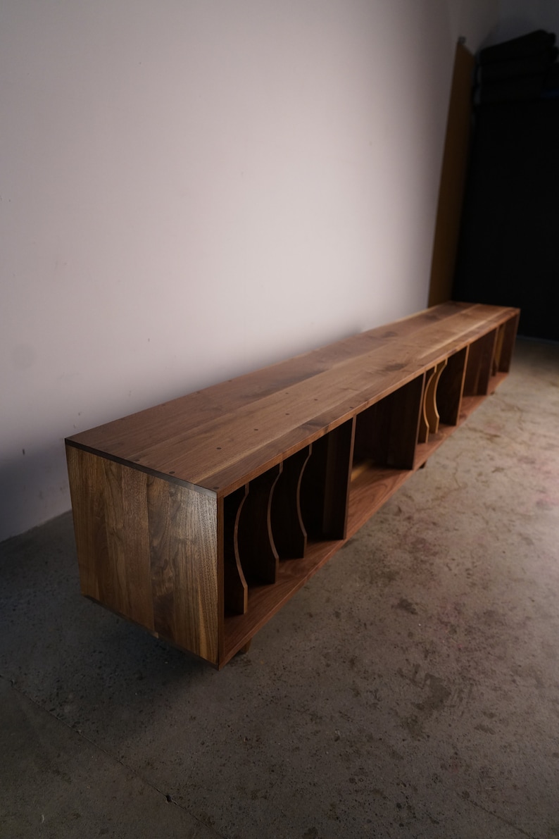 Solid walnut vinyl LP storage bench. Waters Bench. Tomfoolery Wood Co.