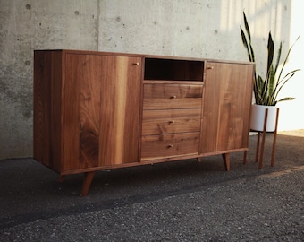 Danish Modern Console, 60"W 3 Drawers, Handcrafted Solid Wood, Customizable Design (Shown in Walnut)