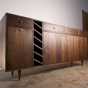 Moe Wine Bar, Solid Hardwood Wine Cabinet, Wood Wine Bar, Modern Wet Bar with Drawers (Shown in Walnut)