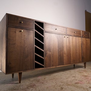 Moe Wine Bar, Solid Hardwood Wine Cabinet, Wood Wine Bar, Modern Wet Bar with Drawers Shown in Walnut image 1