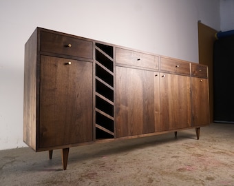 Moe Wine Bar, Solid Hardwood Wine Cabinet, Wood Wine Bar, Modern Wet Bar with Drawers (Shown in Walnut)