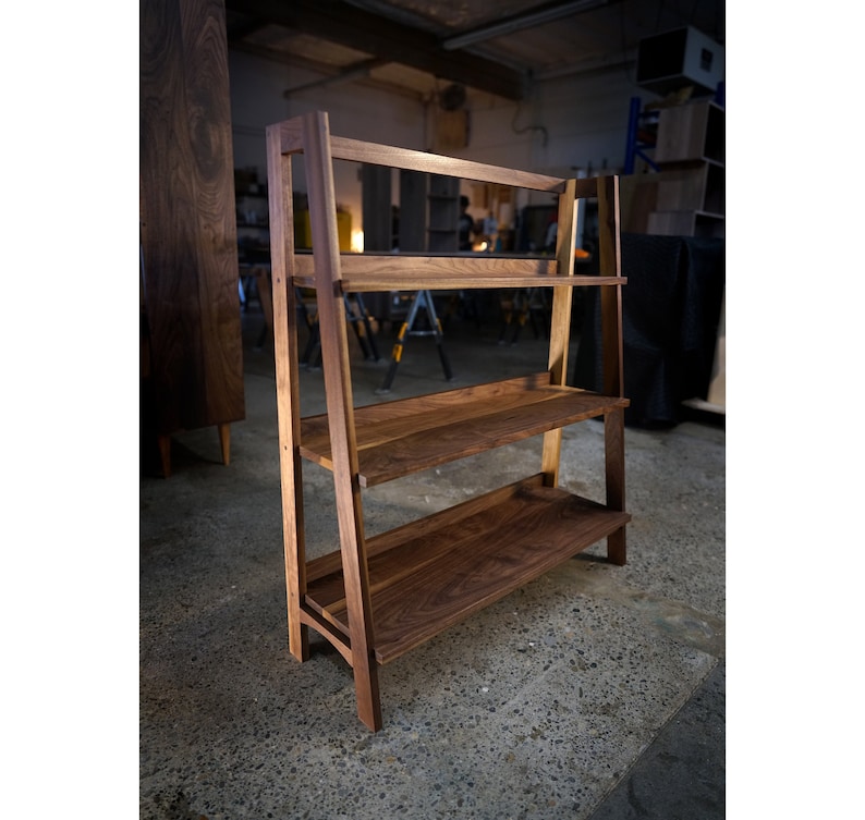 Komiss Modern Slant Bookcase, 3 Shelves, Slanted Bookshelf, Solid Hardwood Slanted Bookcase, Ladder Shelf Shown in Walnut image 1