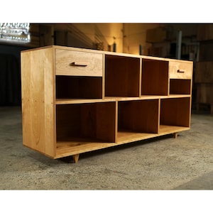Sesto Vinyl Console, 2 Drawers, 65&quot;W, Vinyl Storage Bookcase, Mid-Century Modern Bookshelf, Modern Record Storage (Shown in Cherry)