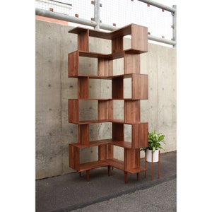 Corner Omni OFFSTACK Bookcase Balanced, 36"W x 36"D, Geometric Corner Bookcase, Corner LP Shelf, Offset Corner Shelf (Shown in Walnut)